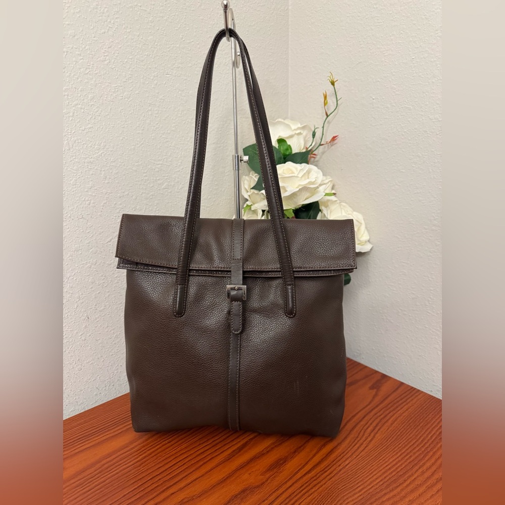 Longchamp Brown Leather Tote with Pebbled Texture